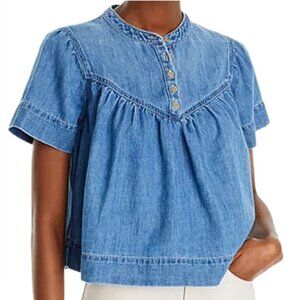 Mother The Giggler Top Salt & Lime Blouse S Linen Cotton Button Henley Chic